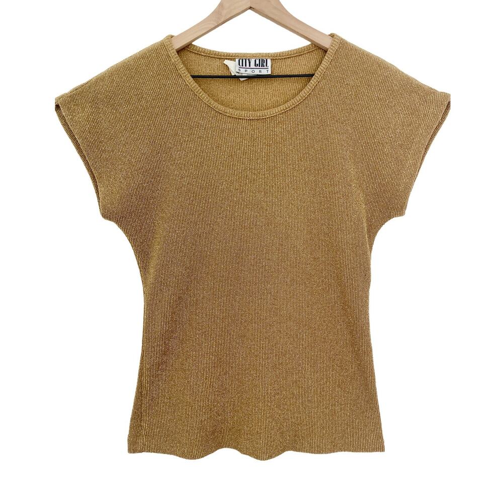 Vintage 80's City Girl Sport Metallic Gold New Years Eve Party Ribbed Knit Top